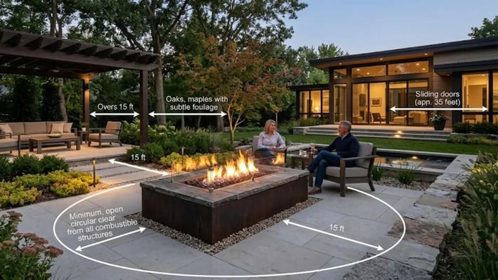 An infographic-style photograph of a luxury modern backyard landscape design at dusk, featuring a large rectangular stone and steel fire pit. A white graphic overlay illustrates safety clearances with dimensional lines and text labels: a circular perimeter around the fire pit is marked "Minimum, open circular clear from all combustible structures," with a "15 ft" distance pointing to a nearby dark wood pergola over a seating area. Another "15 ft" marker points toward surrounding trees labeled "Oaks, maples with subtle foliage." An arrow pointing to a modern house with large glass sliding doors indicates a safe downwind distance labeled "Sliding doors (apn. 35 feet)." A couple sits in comfortable outdoor armchairs enjoying the fire pit in a professionally landscaped patio setting.