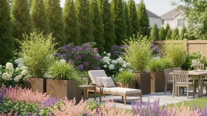 A bright, sunlit backyard patio featuring a wooden lounge chair with cream-colored cushions and a matching dining set in the background. Several large, rectangular corten steel planters holding vibrant green bamboo and grasses are arranged on the stone pavers. The space is surrounded by a lush landscape of pink and purple flowers, white hydrangeas, and a tall, dense row of evergreen arborvitae trees for privacy.