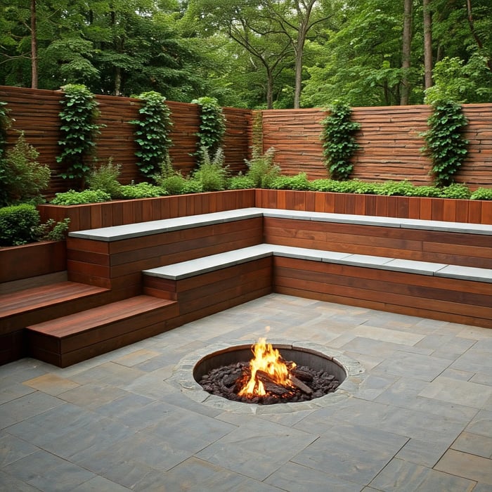 A cozy outdoor patio with a fire pit and built-in wooden seating.