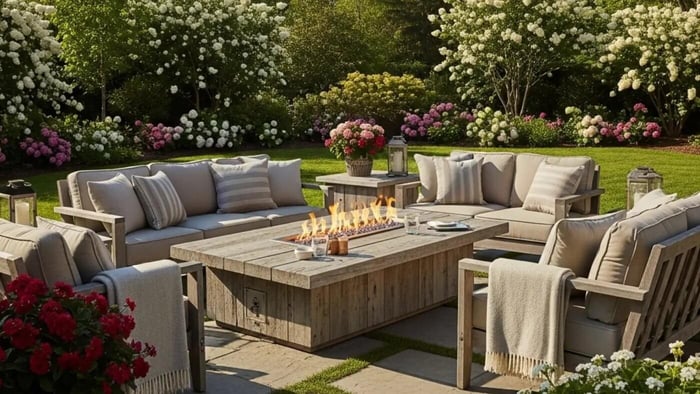  A wide-angle view of a beautifully designed outdoor living space featuring a large, rectangular fire table made of natural materials, surrounded by comfortable outdoor seating with cushions and throws.