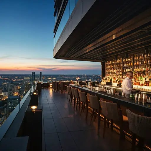 beautiful hotel lounge and rooftop bar with outdoor seating on the 50th floor