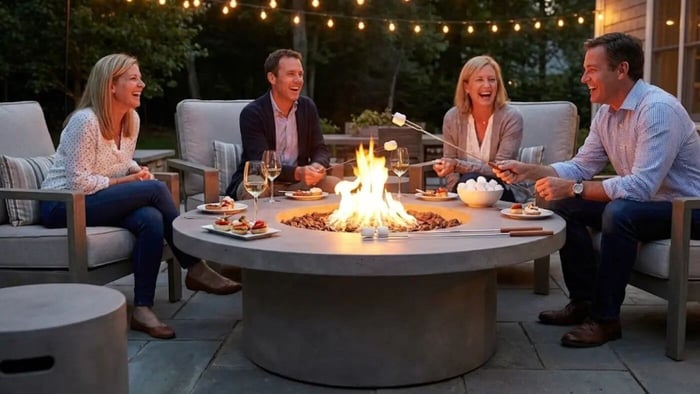 four grown adults sitting around a round dining fire pit table with plates and food on the table and burning marshmallows