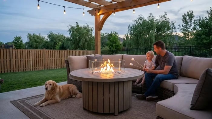 father and son with dog next to them sitting under a gazebo in their backyard roasting marshmellows over a round fire pit table