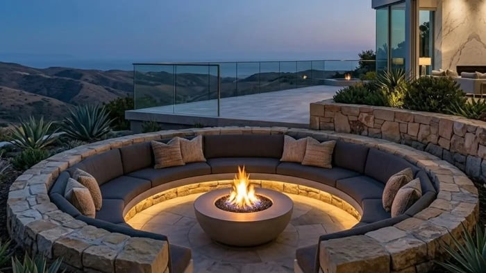 Sunken outdoor lounge and circular stone composite luxury fire pit built into a custom masonry courtyard on a modern hillside terrace with mountain views at dusk.