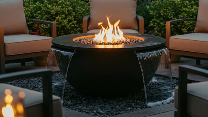 A modern backyard patio features a round, dark stone fire pit with a gas flame. Water cascades down the sides of the fire pit into a shallow basin, illustrating its integrated water feature. Comfortable seating surrounds the fire pit.