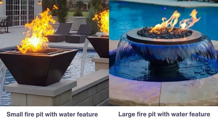 A modern backyard patio features a round, dark stone fire pit with a gas flame. Water cascades down the sides of the fire pit into a shallow basin, illustrating its integrated water feature. Comfortable seating surrounds the fire pit.