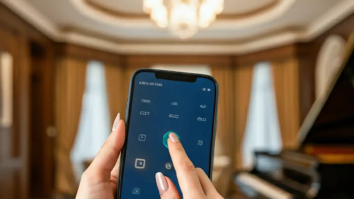 A woman uses her smartphone to control the lighting and temperature in a luxurious, modern home. The image highlights the convenience and control offered by smart home technology.