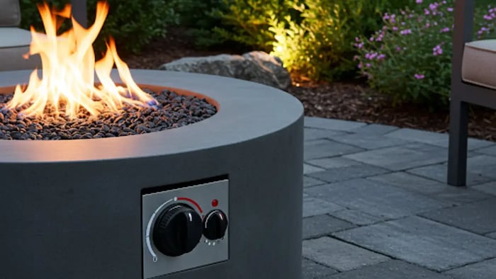 grey round outdoor gas fire pit table with spark igniter on the side 
