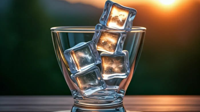 A close-up of a glass filled with ice cubes. The ice cubes are glistening and transparent, catching the light from a bright sunset in the background. The glass is sitting on a wooden surface.
