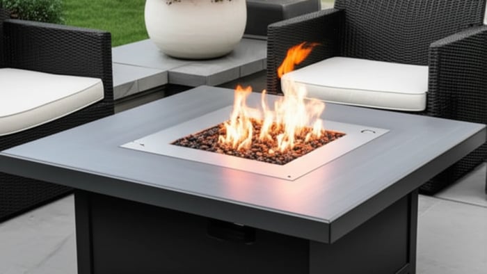 A close-up, slightly high-angle shot of a modern square fire pit table with a grey tabletop and black base. 
