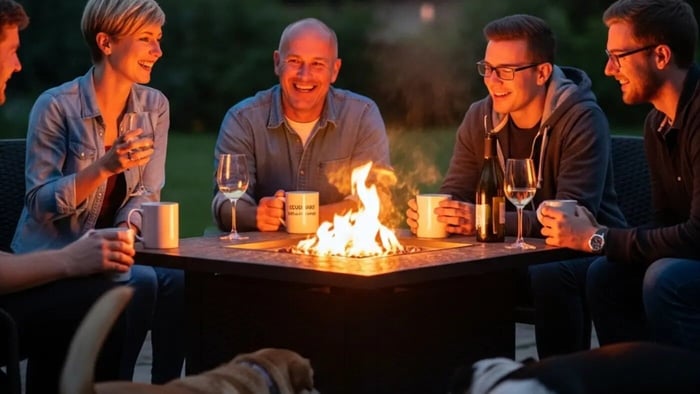 A group of friends laughing and socializing around a lit outdoor fire pit table at dusk, with two dogs visible in the foreground.