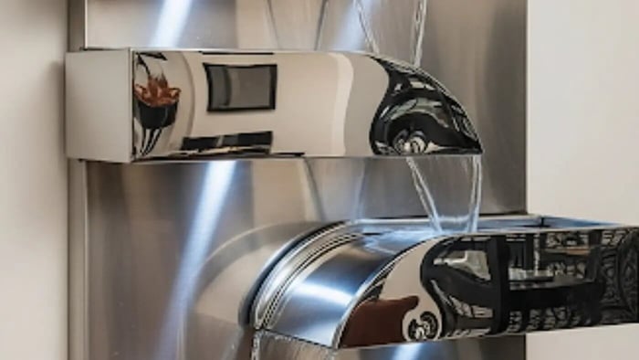 A striking indoor wall fountain made of stainless steel with a tiered, futuristic design. Its highly reflective surface mirrors the room, creating a dynamic, art-like centerpiece.