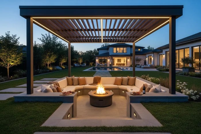 Sunken fire pit pavilion with excavated seating area creating intimate outdoor gathering space
