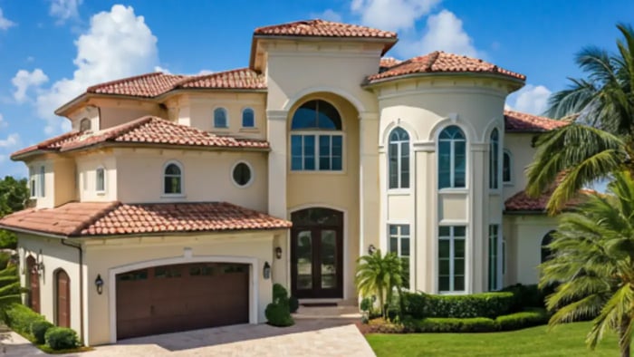 A luxurious villa in Florida with a high-tech security system. Surveillance cameras are visible on the exterior walls, providing comprehensive monitoring of the property.