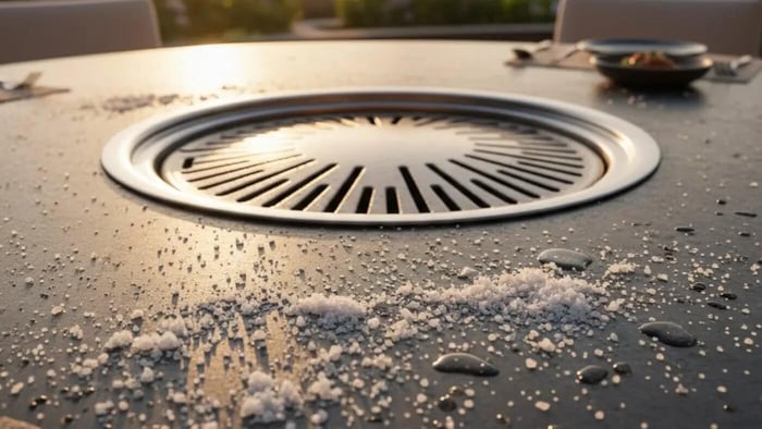 A close-up of a circular, stainless steel Korean BBQ grill recessed into a dark, textured tabletop. The image highlights the durable, easy-to-clean surface by showing salt crystals and water droplets resting on the table near the grill grate. The sun low in the background casts a warm glow across the scene, emphasizing the high-end, polished look of a professional-grade residential social grilling station.