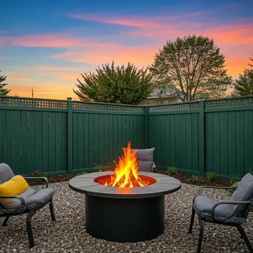 A backyard fire pit surrounded by chairs, with a tall wooden fence providing protection from the wind. The fire pit is burning brightly, creating a cozy and inviting atmosphere.