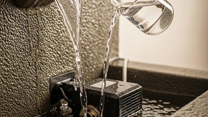 A close-up of a hand pouring water into an indoor wall fountain, with the partially exposed pump visible below the low water line.