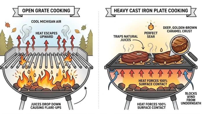 A side-by-side technical infographic comparing open grate cooking to heavy cast iron plate cooking. The left side illustrates an open grate grill labeled "Open Grate Cooking," showing red arrows for heat escaping upward into the "Cool Michigan Air," with flames beneath the grate and text pointing to juices dropping down and causing flare-ups. The right side illustrates a flat-top griddle labeled "Heavy Cast Iron Plate Cooking," showing steaks searing on a solid plate with callouts for trapping natural juices, a perfect sear, and a deep golden-brown caramel crust. Red arrows indicate heat forcing 100% surface contact, while blue arrows demonstrate the plate blocking wind from underneath.
