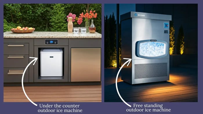 Left image: An under-the-counter outdoor ice maker is seamlessly integrated into an outdoor kitchen. It features a sleek, stainless steel design and is discreetly hidden beneath the countertop.  Right image: A freestanding outdoor ice maker stands tall on a deck, illuminated by warm lighting. Its design is modern and elegant, with a visible interior showcasing the glistening crescent-shaped ice.  Overall, the image highlights the versatility and stylish options available for outdoor ice makers, catering to different preferences and outdoor living spaces.