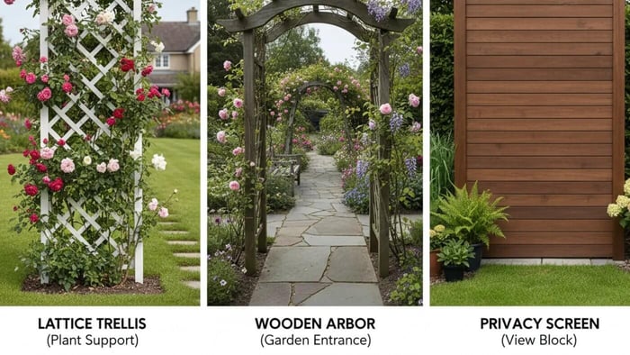 Comparison guide for garden structures featuring a white lattice trellis for climbing roses, a dark wooden garden arbor over a stone path, and a timber horizontal slat privacy screen for blocking views.