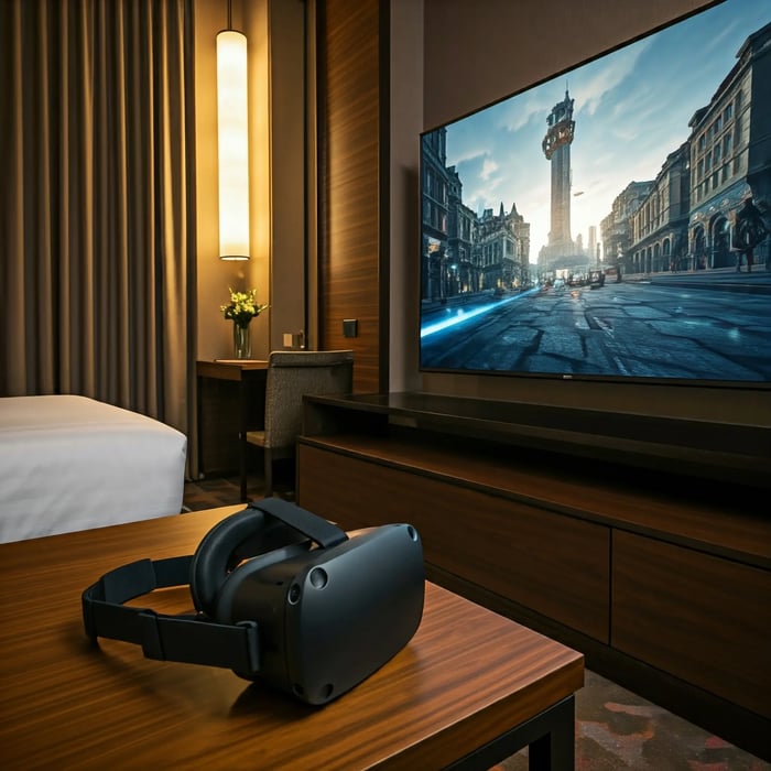 black vr headphones on top of table in a hotel room in front of VR screen