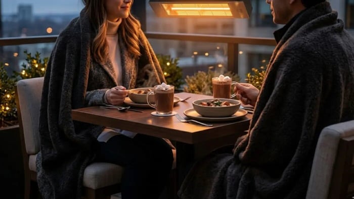 2 couples enjoying a hot chocolate in an outdoor patio under wall mounted patio heater