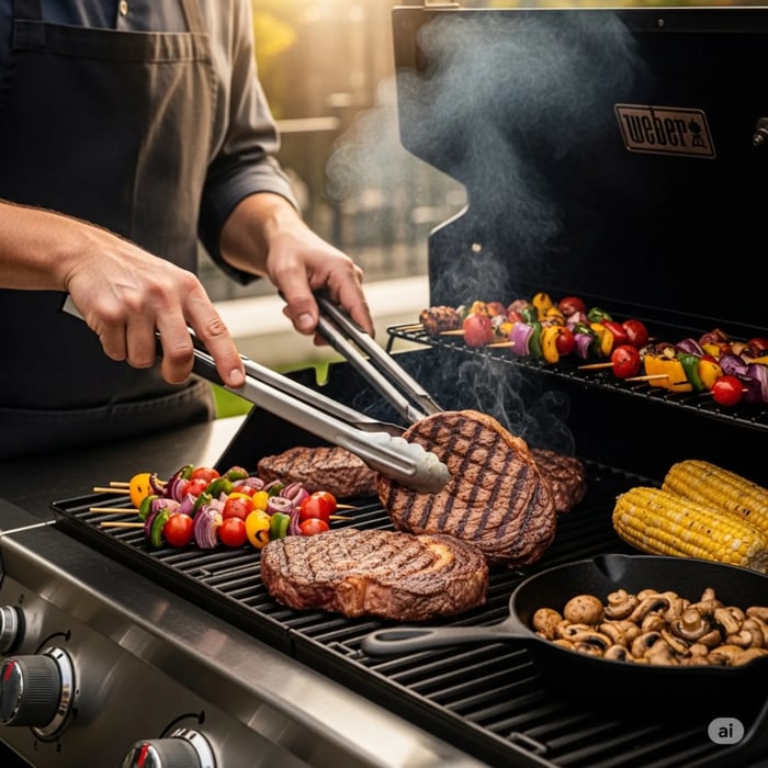  A chef in an apron is actively grilling thick steaks, skewers of vegetables, and corn on the cob on a Weber grill. The chef is using tongs to flip a steak that has prominent grill marks. Smoke rises from the food on the grill, which also holds a cast-iron skillet of mushrooms. 