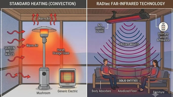 Infographic comparing convection heating vs RADtec far-infrared technology in a semi-enclosed screened patio. Left panel shows how traditional propane mushroom heaters cause combustion hazards and allow warm air to escape through mesh screens. Right panel shows RADtec radiant waves transferring thermal energy directly to solid entities and bodies with 90% efficiency and zero harsh glare.