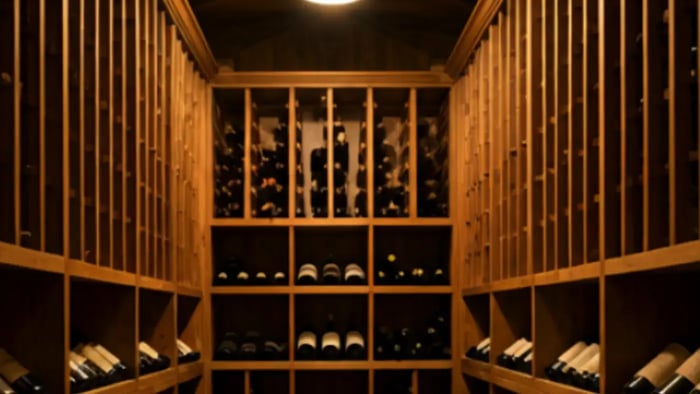 A well-lit, private wine cellar with wooden shelves filled with rows of wine bottles. The cellar is dimly lit, creating a warm and inviting atmosphere.