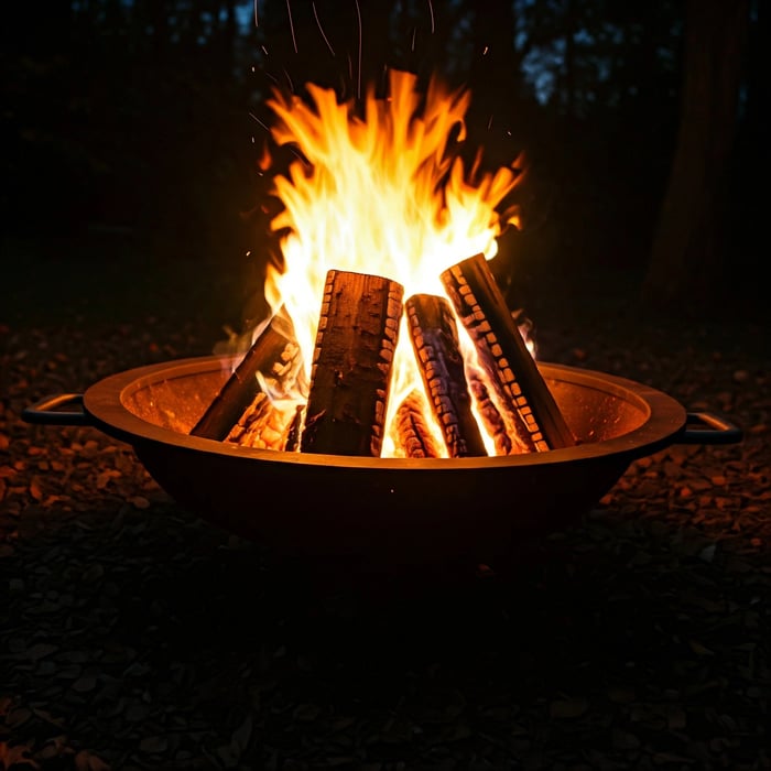 A large outdoor fire pit with a roaring fire. The flames are dancing and casting a warm glow on the surrounding area.