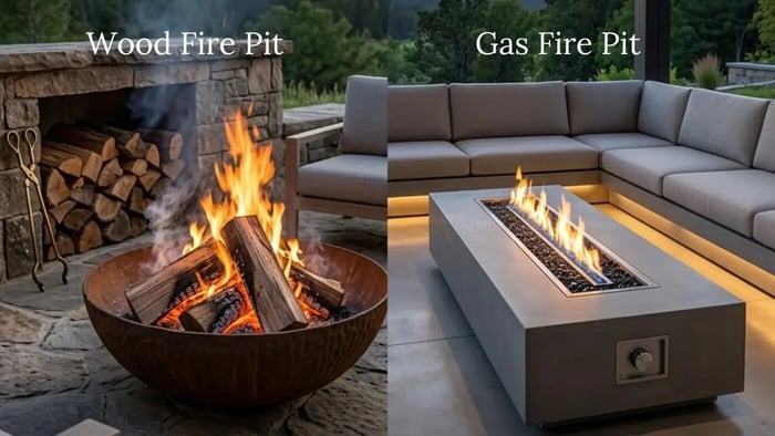 Comparison of wood-burning fire pit (left) vs. modern gas fire pit table (right) on a luxury outdoor patio, with text overlays on fuel choice and maintenance requirements.