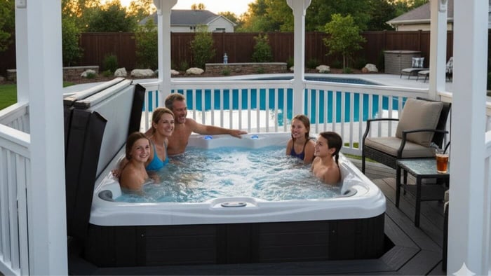 A happy family of five relaxing in a hot tub placed on a dark gray composite gazebo floor, surrounded by a white vinyl gazebo railing. In the background, a swimming pool and a well-maintained backyard with a fence suggest a complete, low-maintenance outdoor living space.