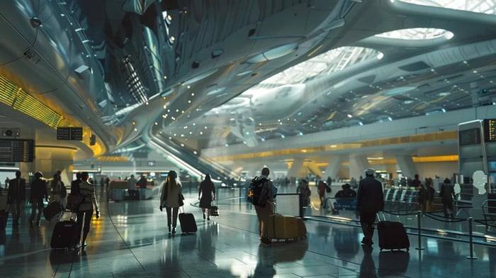 a modern airport terminal bustling with travelers effortlessly maneuvering through streamlined check-in stations while effortlessly rolling lightweight luggage, capturing the essence of a practical and efficient travel experience.