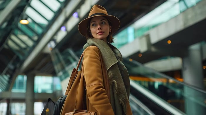 a fashionably dressed traveler stands confidently in a modern urban setting, showcasing a selection of stylish travel bags that harmonize with their outfit, emphasizing the balance between aesthetics and functionality.