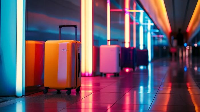 a sleek, modern airport terminal showcases travelers effortlessly gliding through with vibrant, lightweight luggage featuring usb charging ports and innovative designs, highlighting the ease of maneuverability and travel convenience.