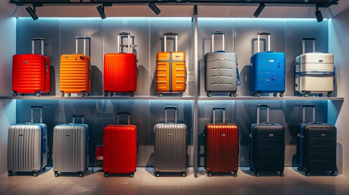 a stylish, modern luggage showcase in a sleek urban travel agency, featuring an array of lightweight suitcases and duffel bags artfully arranged on minimalist displays, with vibrant colors and textures that emphasize durability and convenience for the discerning traveler.