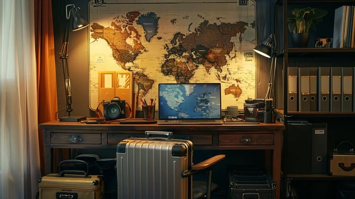 a sleek, modern travel planning workspace showcases a neatly organized desk with a stylish lightweight suitcase and vibrant travel stories pinned on a map, representing practical insights and expert advice for savvy travelers.