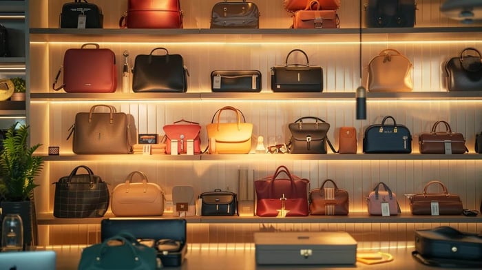 a chic, modern workspace showcases an array of fashionable travel bags neatly organized on sleek shelves, accompanied by stylish cleaning tools and maintenance guides, emphasizing the importance of care and longevity in travel accessories.
