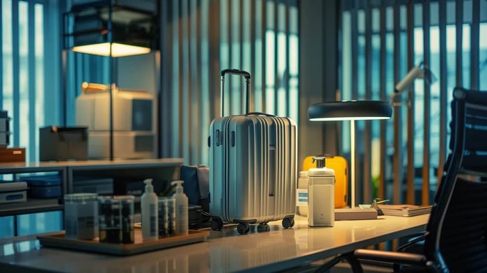 a well-organized travel gear workstation showcases a sleek, lightweight suitcase on a pristine office desk, illuminated by soft, diffused lighting, with neatly arranged cleaning supplies and care guides illustrating practical maintenance tips for durability.
