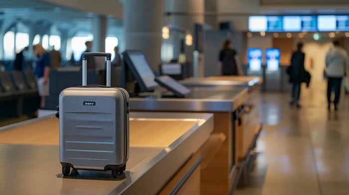 a sleek, compact piece of lightweight luggage stands prominently on a polished airport check-in counter, with an adjacent digital display showcasing airline size limits, conveying the essence of cost-effective travel and organized journeys.