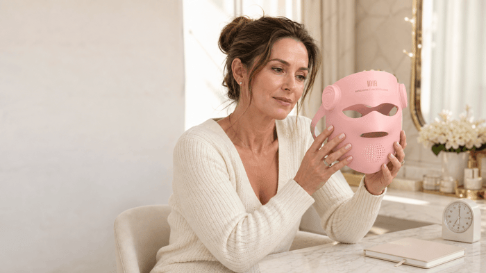 Woman wearing the cordless INIA GLOW 4D LED face mask at home