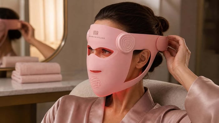 Woman adjusting the strap of a pink INIA LED face mask before a session
