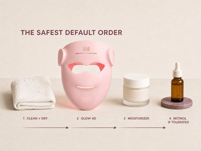 Safest default order for using INIA GLOW 4D with moisturizer and retinol