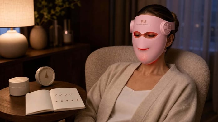 Woman seated comfortably while wearing a pink INIA LED face mask