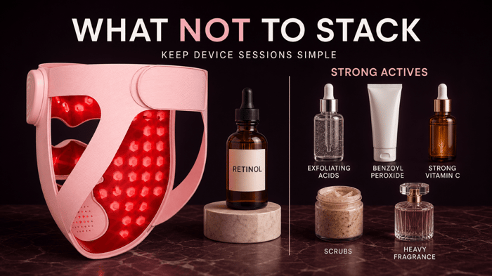 INIA GLOW 4D and retinol shown beside exfoliating acids, benzoyl peroxide, strong vitamin C, scrubs, and heavy fragrance
