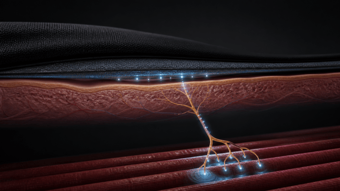 Illustration of an EMS electrode sending electrical pulses through the skin toward a motor nerve and muscle fibers