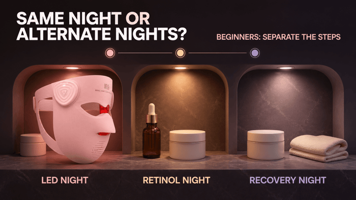 Beginner schedule separating an INIA GLOW 4D night, a retinol night, and a recovery night