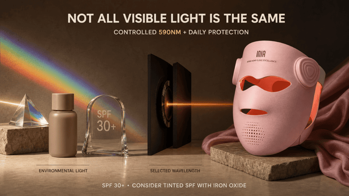 Environmental visible light, daily photoprotection, and selected 590nm LED light illustrated side by side