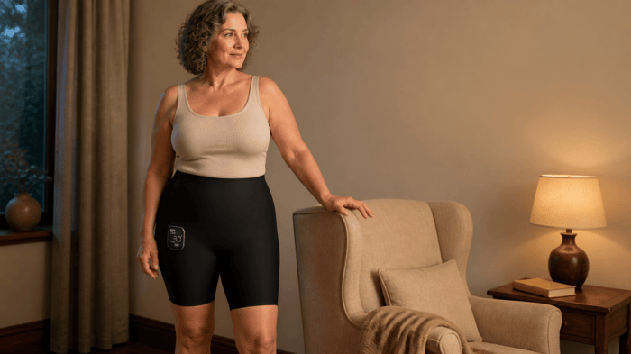Woman wearing INIA CURVIFY EMS toning shorts during an at-home routine