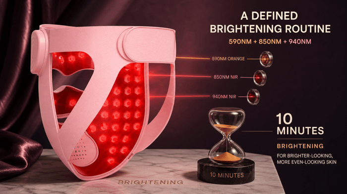 INIA GLOW 4D Brightening mode combining 590nm orange with 850nm and 940nm near-infrared light for 10 minutes